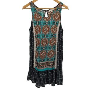 Umgee USA Boho Sleeveless Dress Navy Blue Teal Crochet Lace Ruffle Hem Womens‎ L